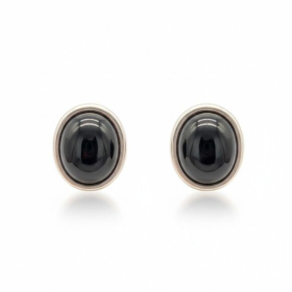 Vintage Black Cabochon Silver-Tone Clip-On Earrings - Picture 1 of 6